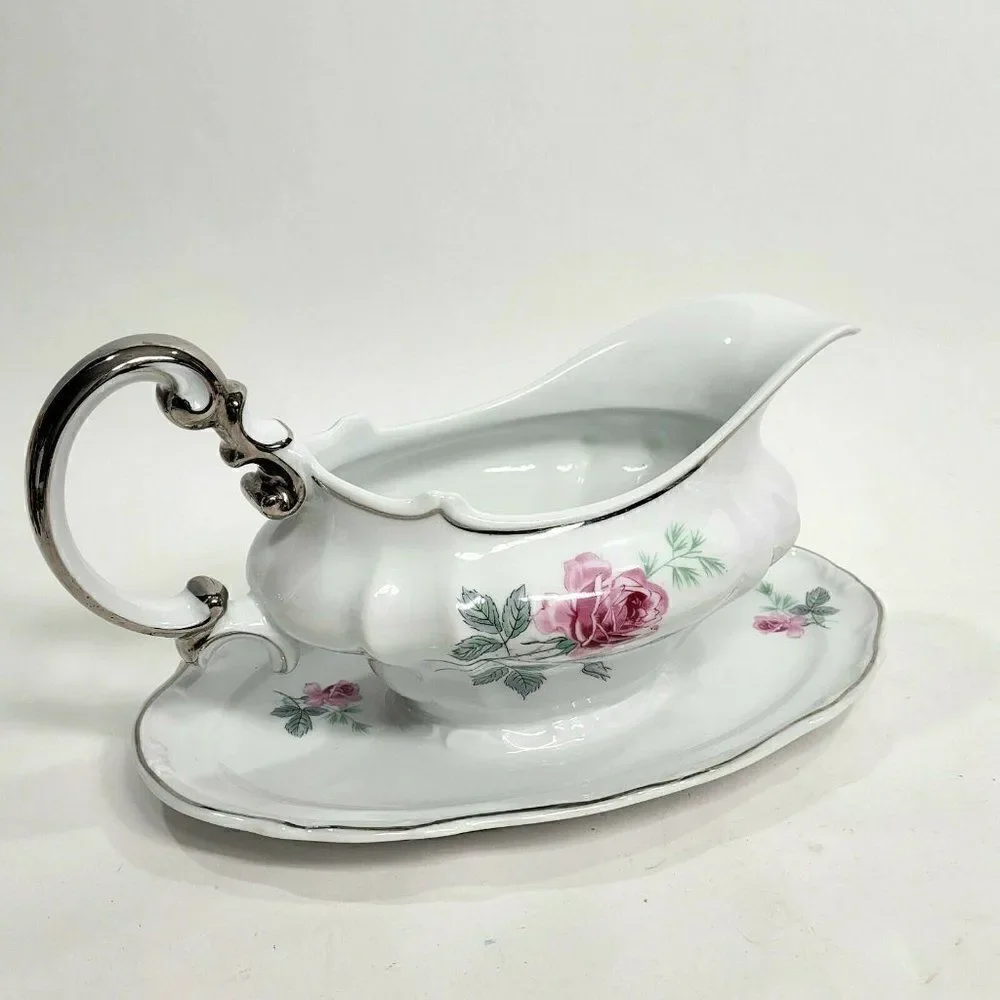 Home‎ Arts ENCHANTED ROSE Pink Gravy Boat with Attached Underplate Germany